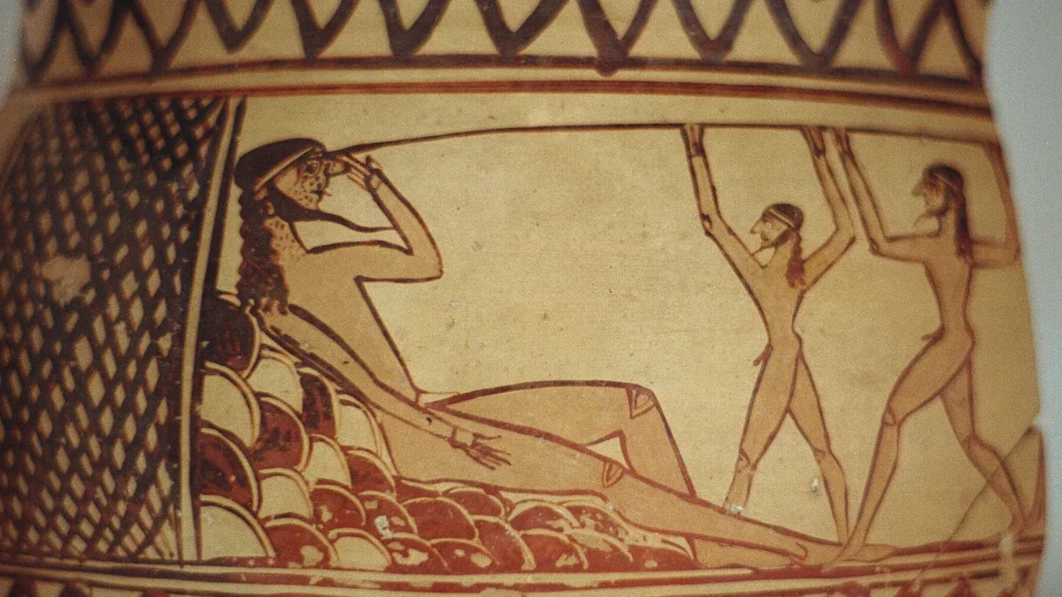 Ancient depiction of Odysseus and Polyphemus on Greek vase painting.
