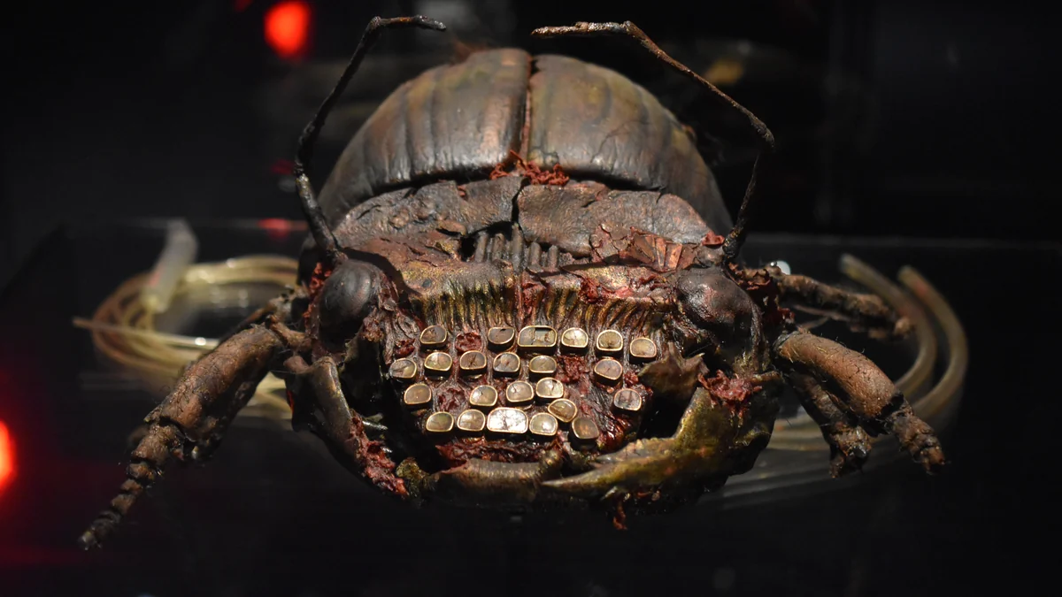 Beetle-shaped prop with typewriter keys photographed in a dark display case
