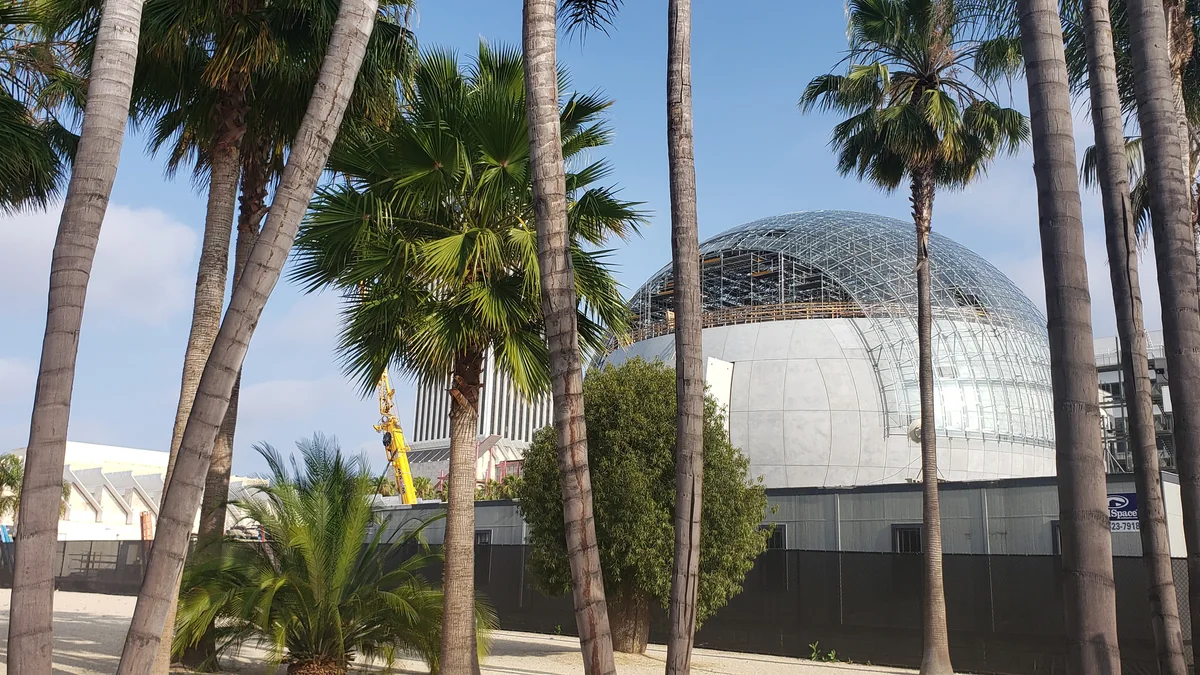 Estructura esférica del Academy Museum en construcción, vista entre palmeras