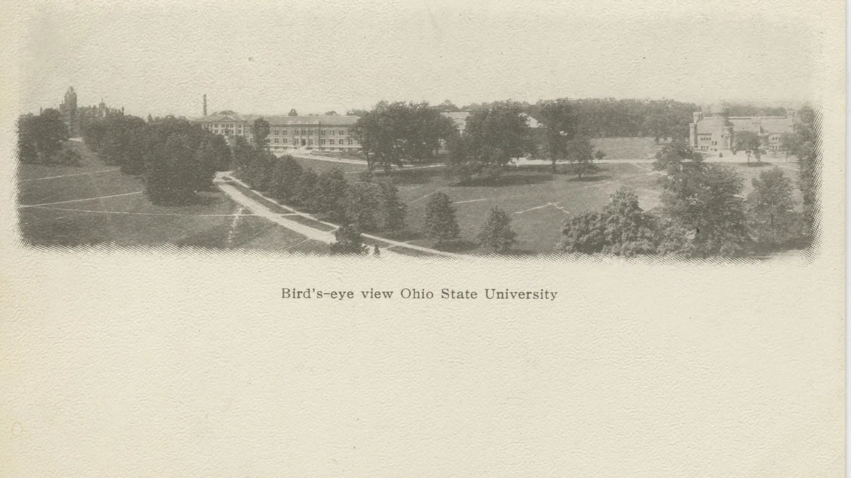 Postal antigua con vista panorámica del campus de Ohio State University