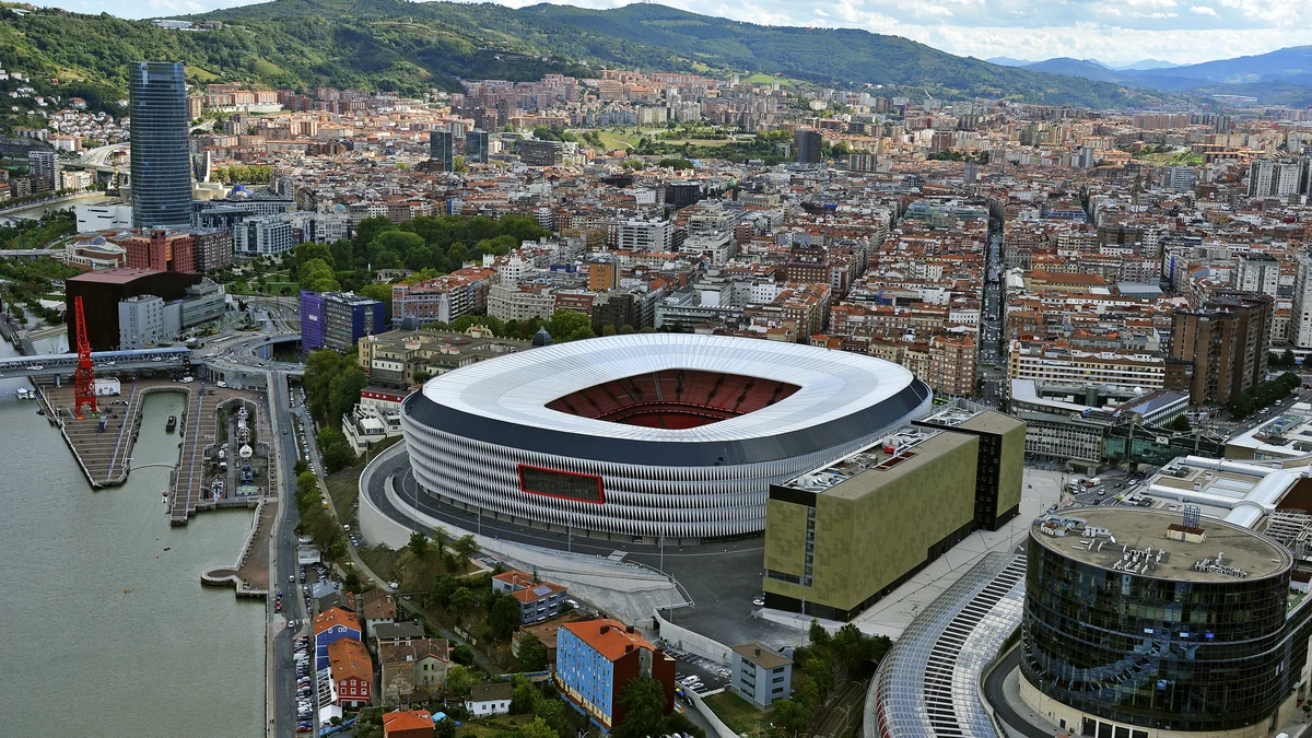 Aerial view of San Mamés stadium surrounded by Bilbao’s urban area