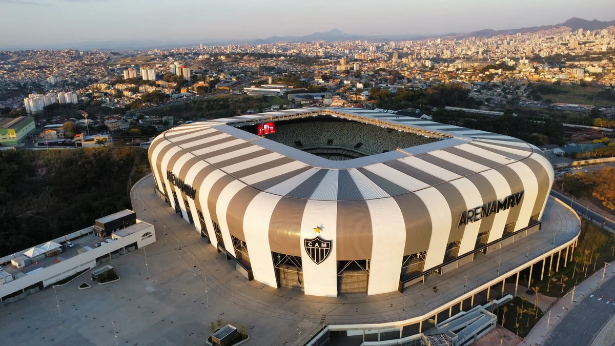 Daytime aerial view of Arena MRV surrounded by Belo Horizonte’s urban landscape