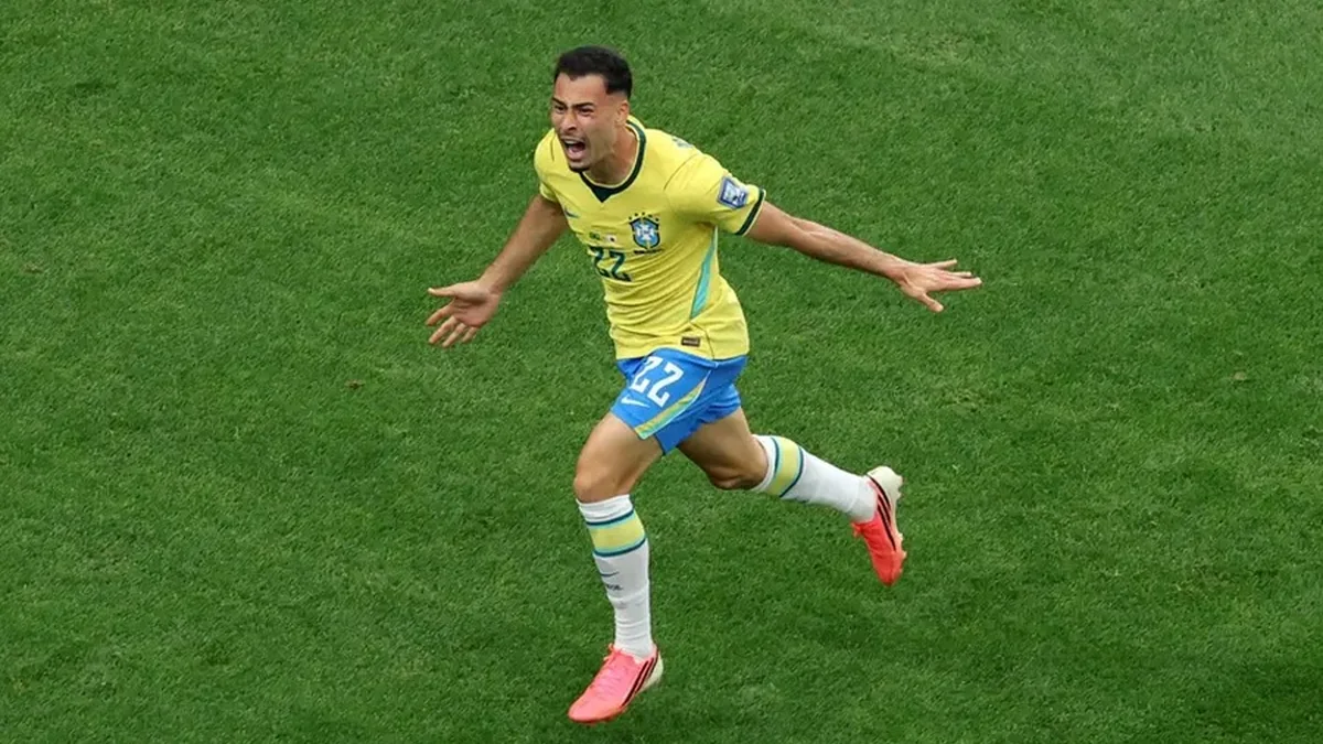 Martinelli celebrates Brazil comeback goal against Japan at the 2026 World Cup.