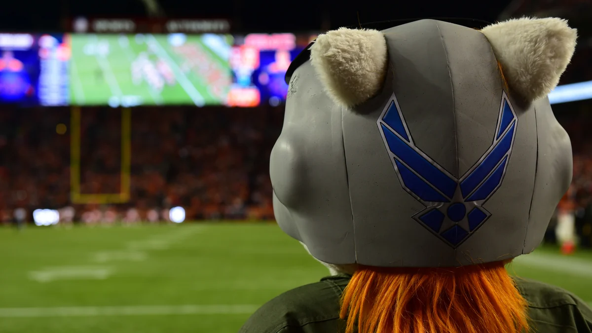 Mascote dos Denver Broncos visto de costas diante do campo e dos telões do estádio