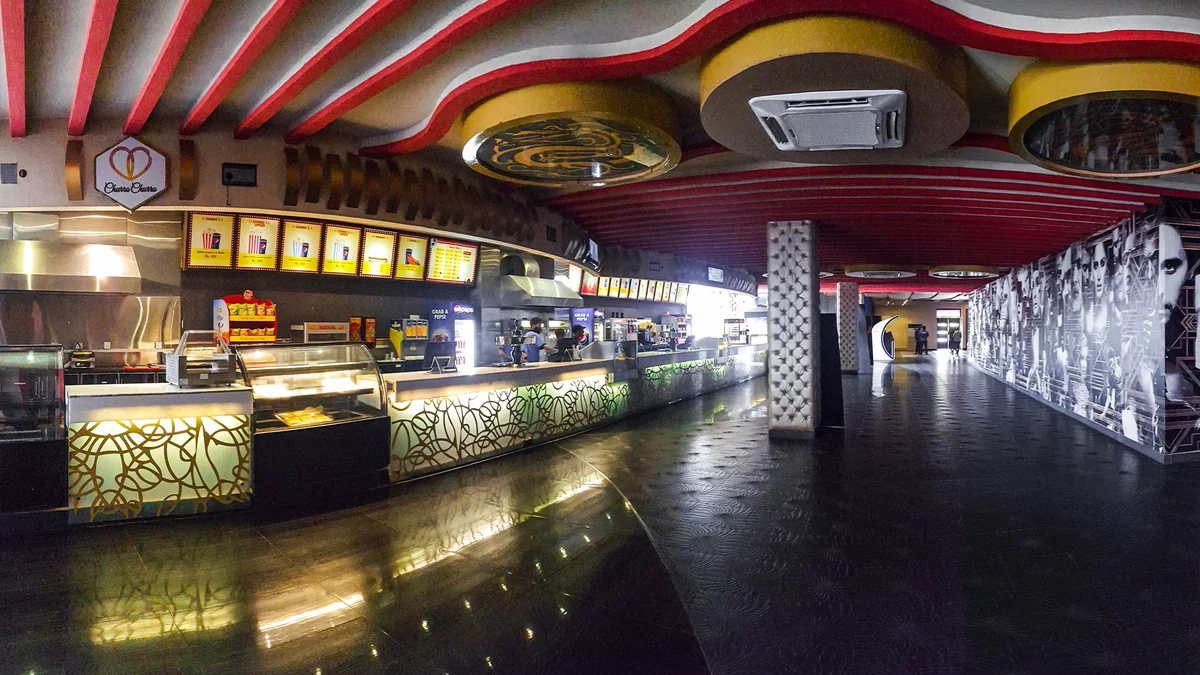 Illuminated concession counters inside a cinema