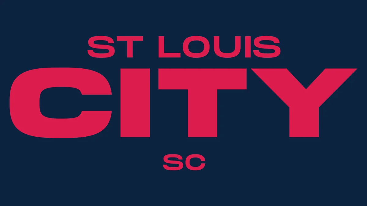 Words St. Louis City SC in red on a dark blue background
