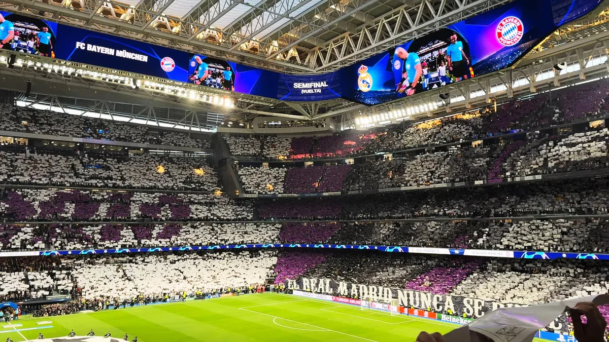 Santiago Bernabéu stands covered by a mosaic before a match between Real Madrid and Bayern München