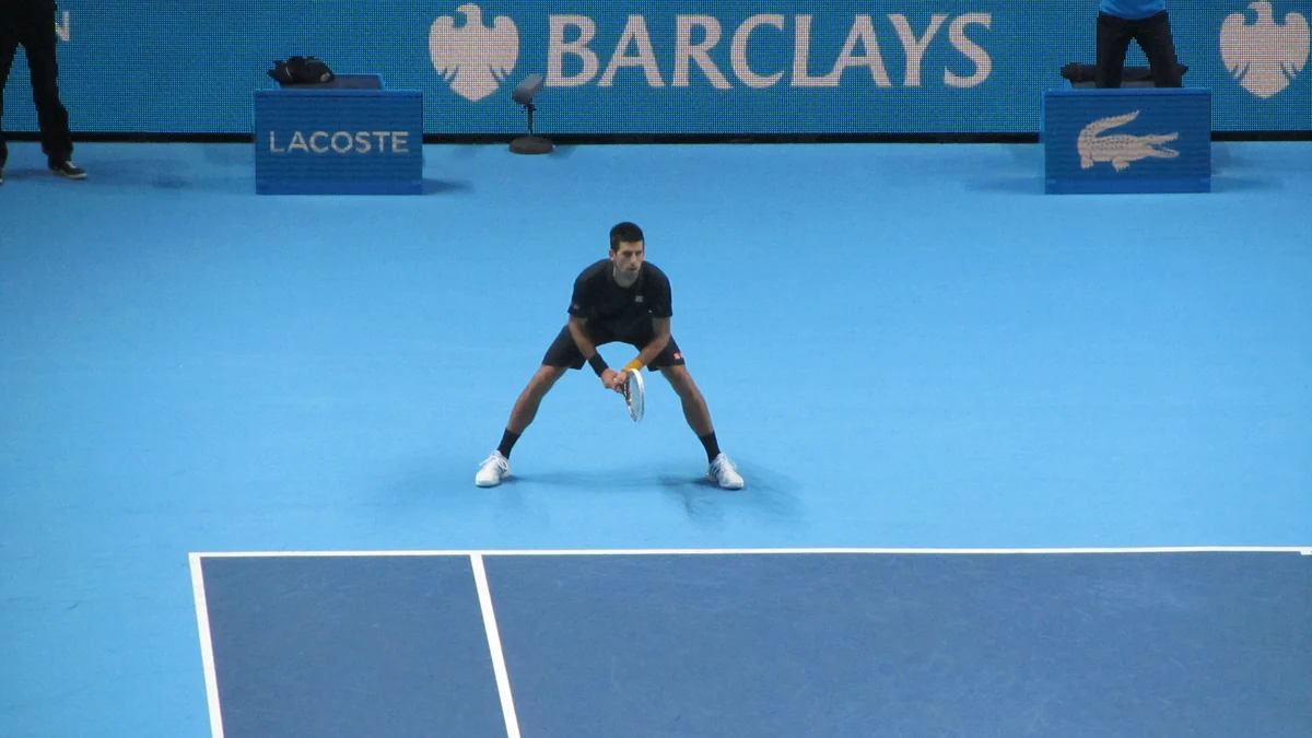 Novak Djokovic attend le service adverse sur un court bleu en salle