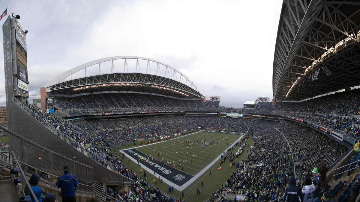 Panoramic view of the Seahawks’ stadium in Seattle showing the field and stands