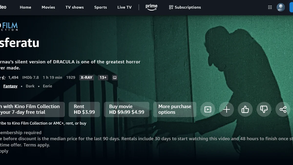 Interfaz de Prime Video con la página de la película Nosferatu