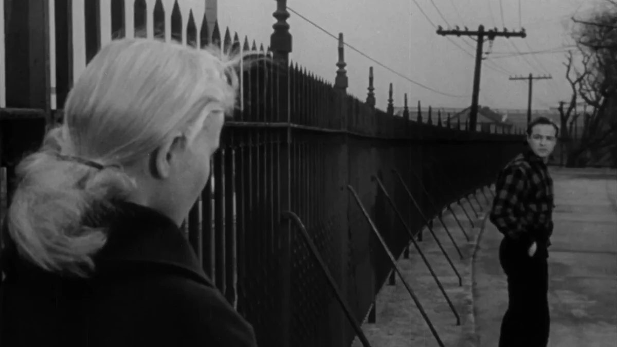 Eva Marie Saint, seen from behind, watches Marlon Brando beside a long fence in a black-and-white scene