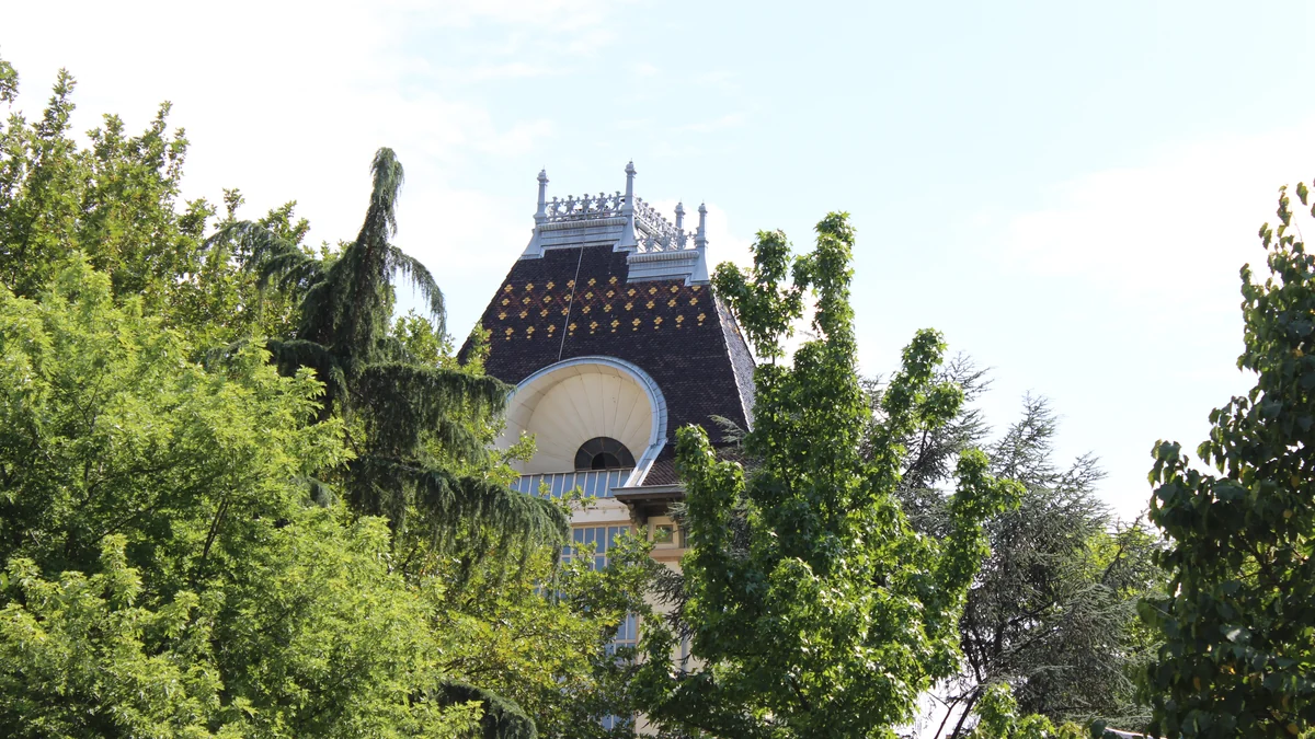 Ornate roof of the Institut Lumière partly obscured by trees
