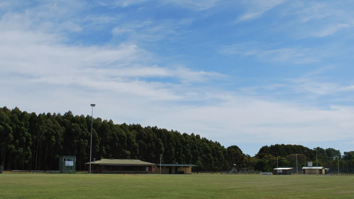 Campo de fútbol australiano vacío con césped, torres de iluminación, edificios bajos y árboles