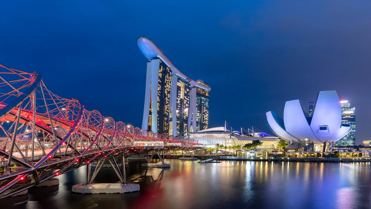 Helix Bridge, Marina Bay Sands and the ArtScience Museum illuminated beside the water