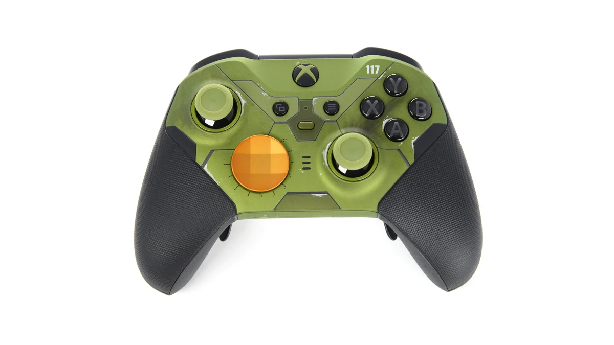 Green and black Halo Infinite special-edition Xbox controller on a white background