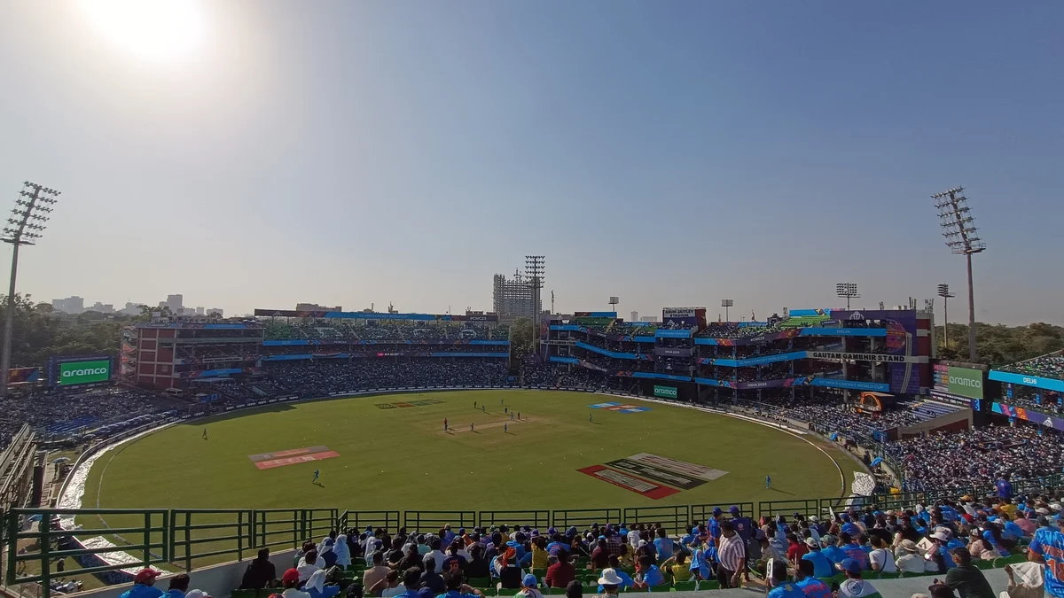 Panoramic view of a packed Arun Jaitley Stadium during a cricket match