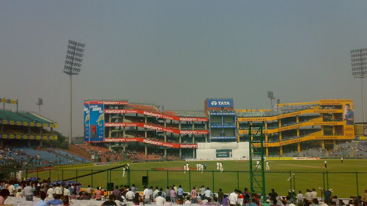 Cricket match viewed from the stands at Feroz Shah Kotla stadium in Delhi