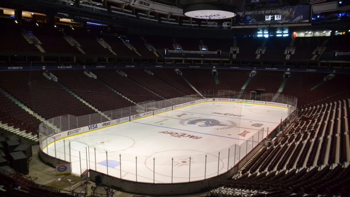 Ice rink and empty seating inside Rogers Arena