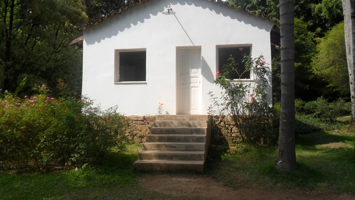 Petit bâtiment blanc avec escalier, rosiers et arbres tout autour