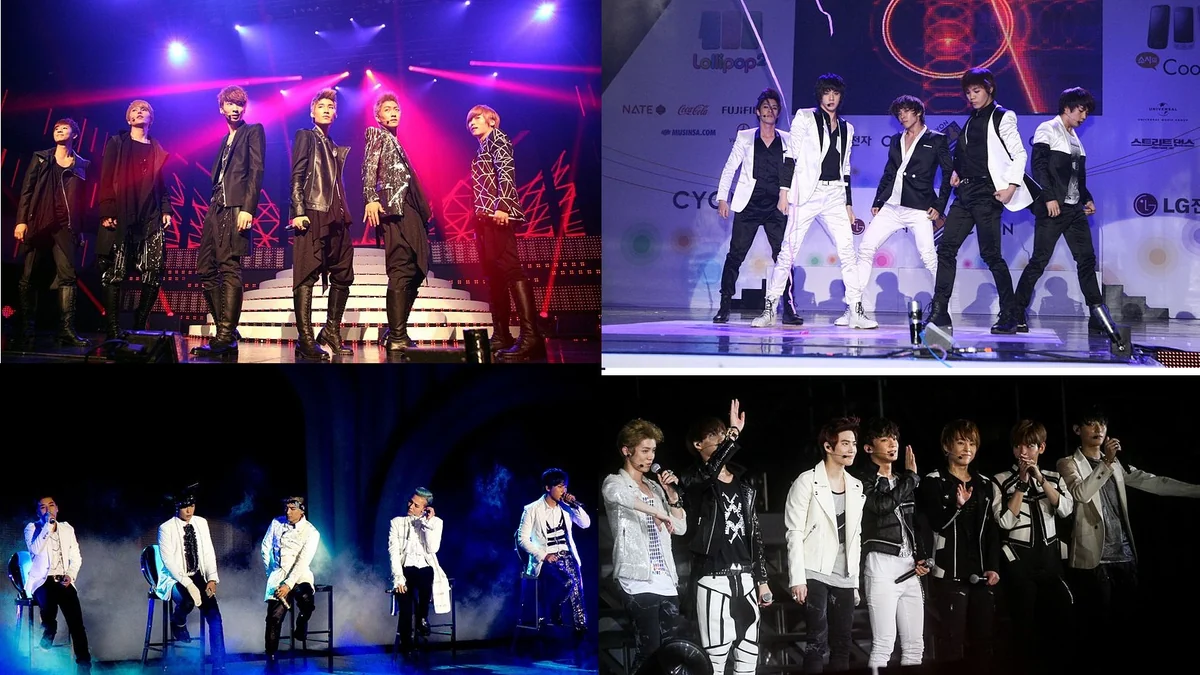 Montage de quatre photographies montrant des boys bands de K-pop sur différentes scènes