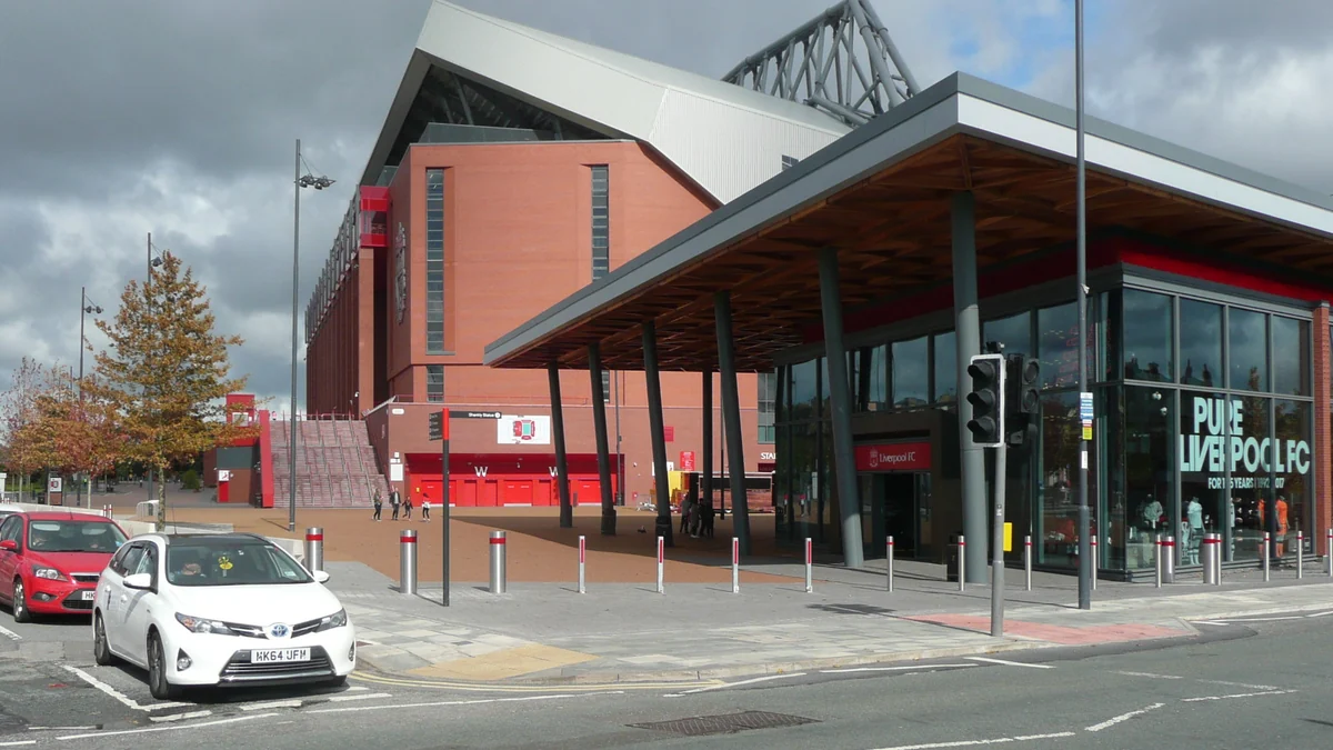 Glazed entrance and exterior facade of Anfield stadium in Liverpool