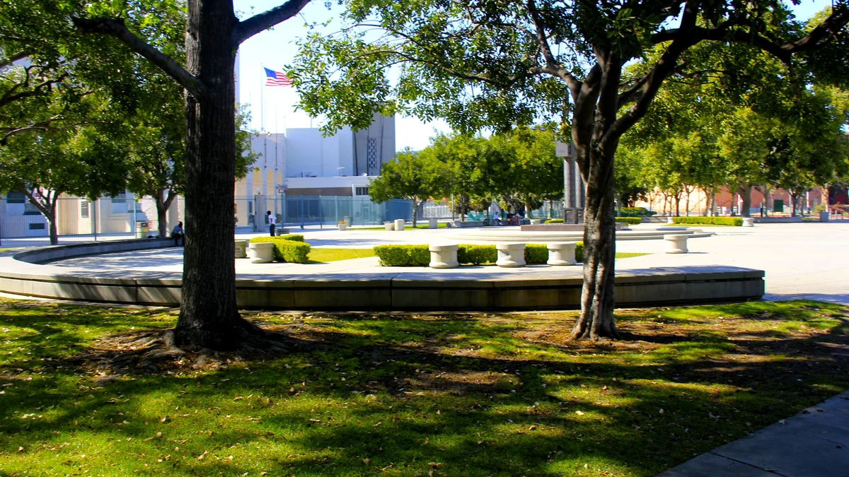 Trees, lawn and paved plaza in front of buildings at the Los Angeles Memorial Coliseum complex