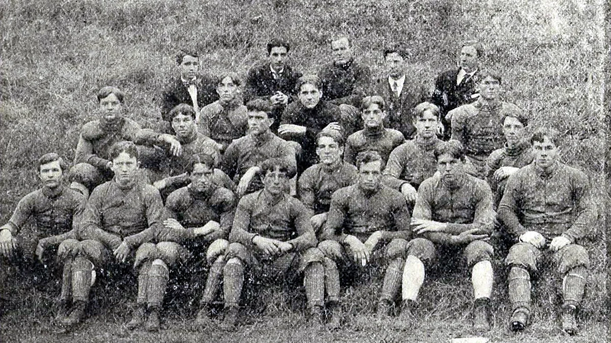 Historic black-and-white portrait of Clemson’s 1906 football team arranged in four rows