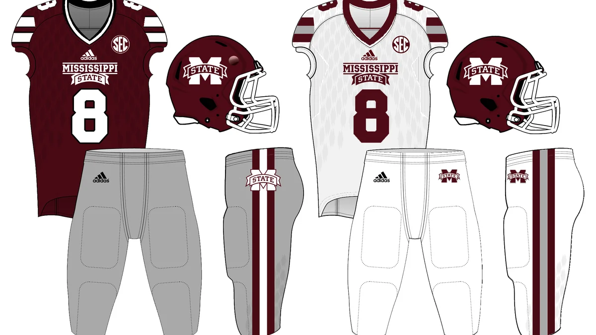 Ilustración de uniformes granates y blancos y cascos de Mississippi State