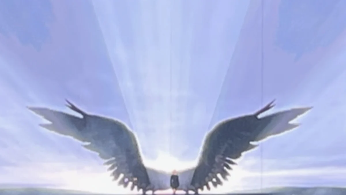 Small figure before two large dark outstretched wings on a blue-lit stage