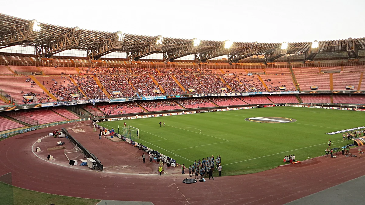 Pitch, track and stands at Napoli’s stadium before a match