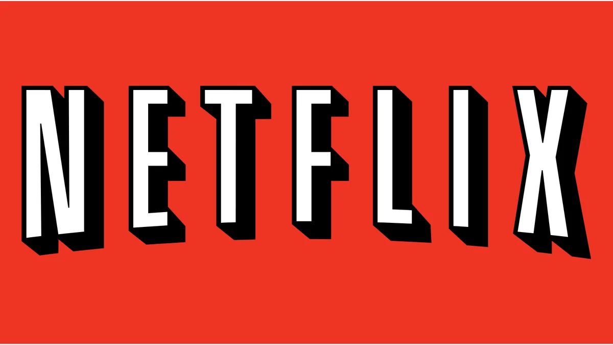 Nombre Netflix en letras blancas altas, con contorno y sombra negros, sobre fondo rojo.