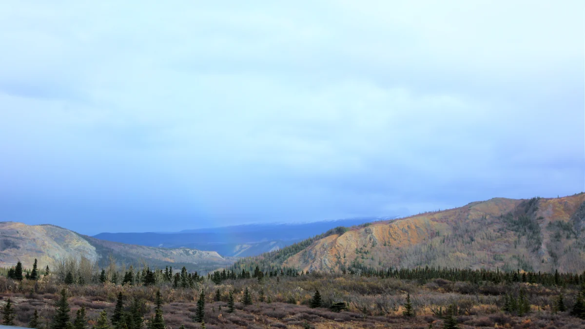 Mountain valley with conifers under a cloudy sky viewed from the George Parks Highway