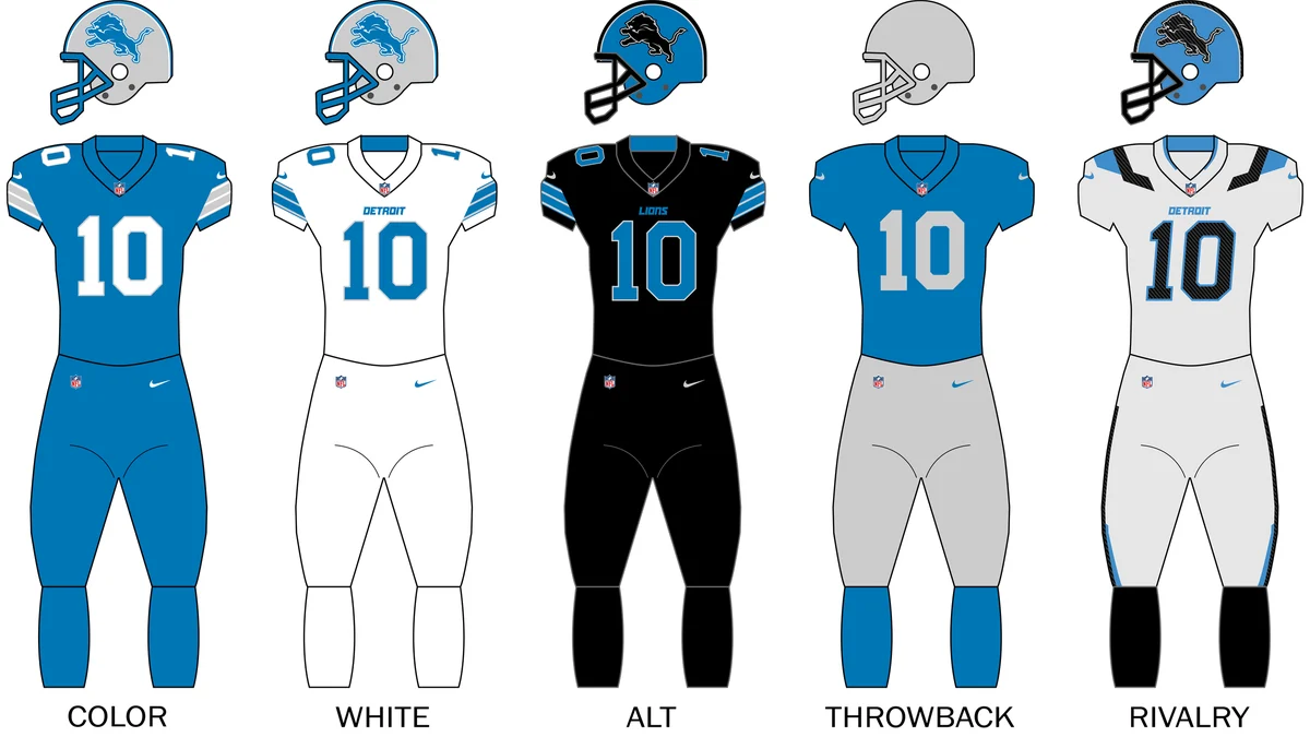 Cinco conjuntos ilustrados de capacete, camisa e calça do Detroit Lions, nas versões azul, branca, preta, retrô e rivalry