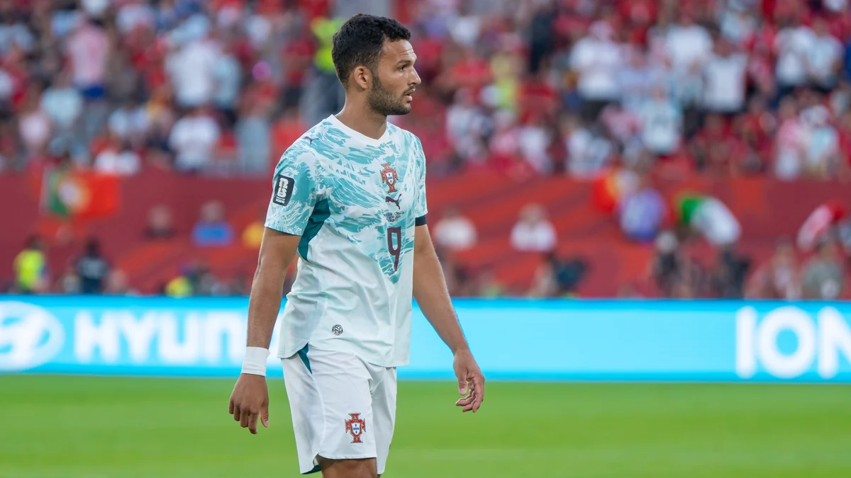 Gonçalo Ramos on the pitch in Portugal’s white national-team kit.