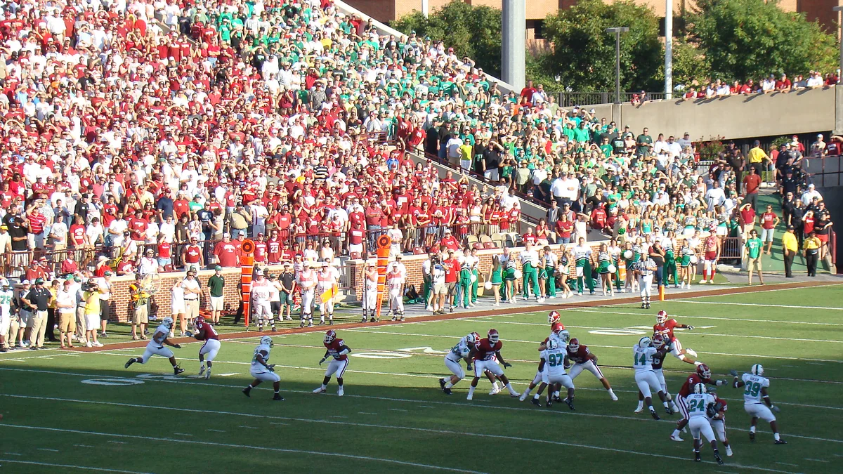 A football game unfolds on the field in front of stands filled with fans.