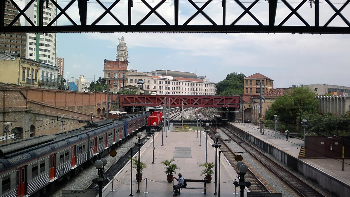 Andenes y trenes vistos bajo una estructura metálica en la zona de la Estación Luz