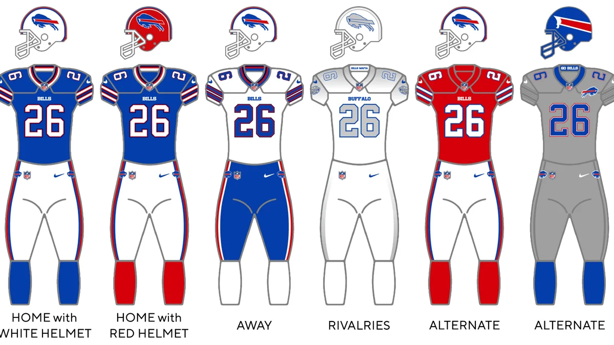 Illustration of six Buffalo Bills uniform and helmet combinations
