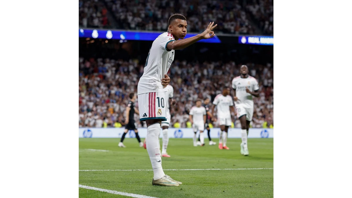 Kylian Mbappé celebrates one of his three Real Madrid goals against Real Sociedad.