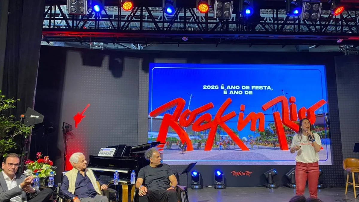 Coletiva de anúncio do Rock in Rio 2026 com organização do festival no Rio de Janeiro.