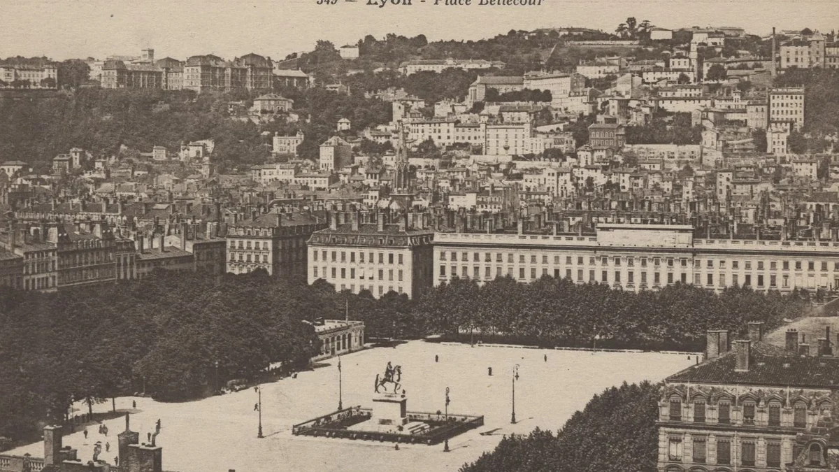 Historic black-and-white view of Place Bellecour and Lyon buildings