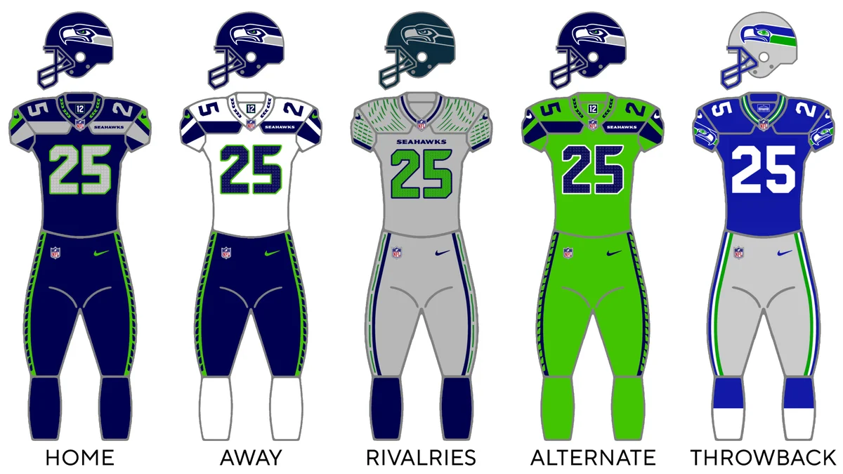 Illustration de cinq tenues des Seattle Seahawks avec casques et maillots numérotés