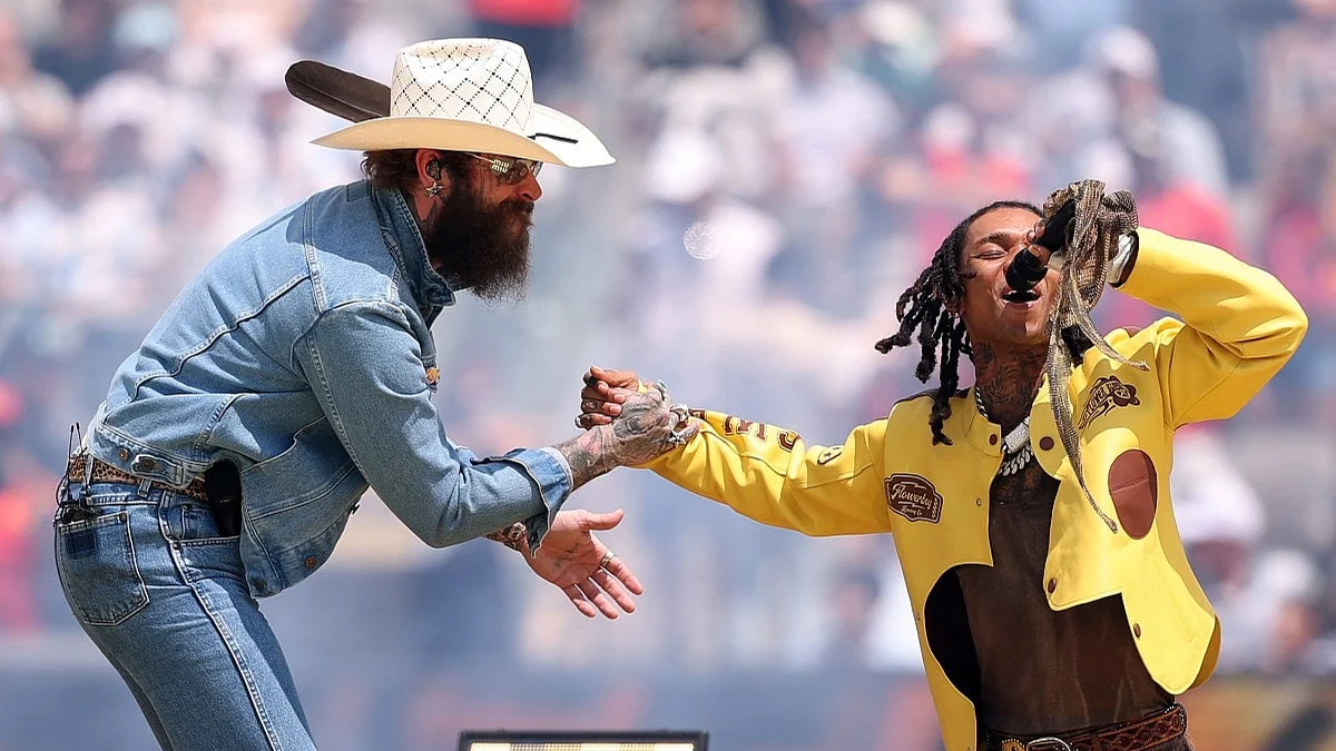Post Malone and Swae Lee perform before the 2026 World Cup final.