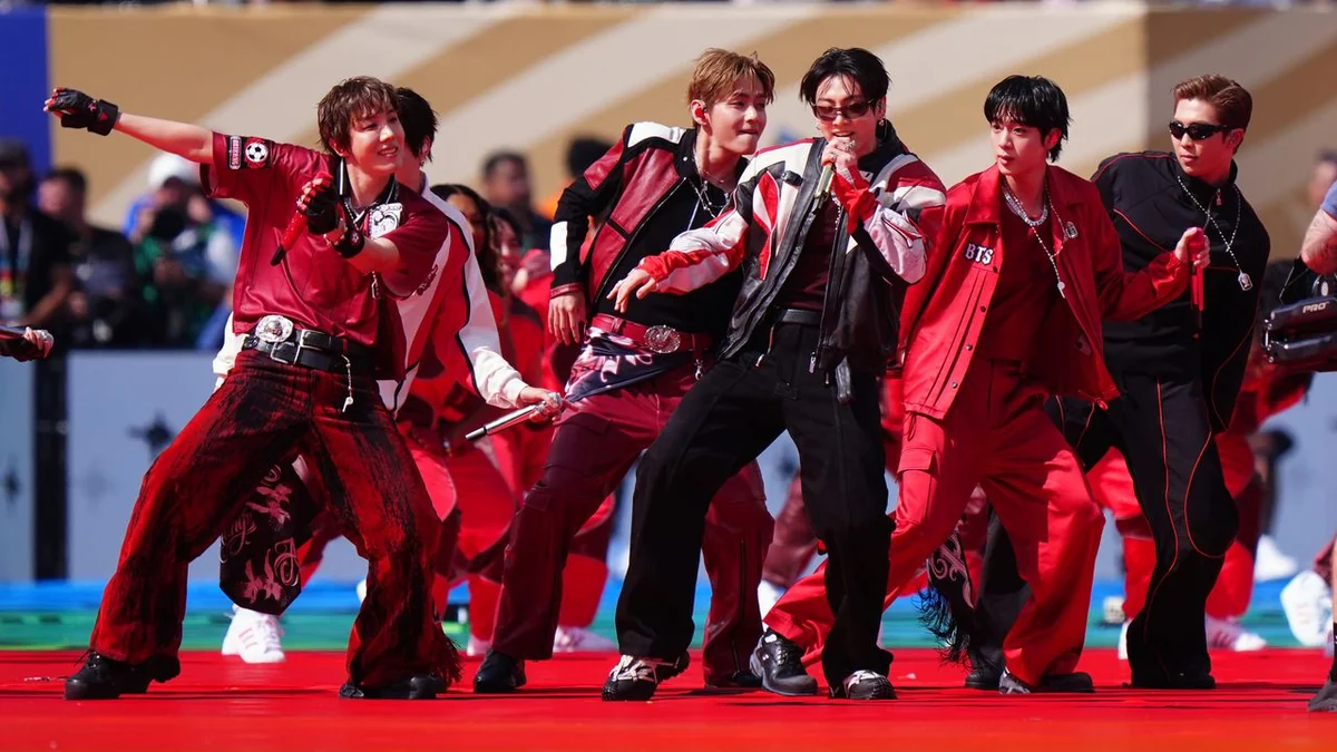 BTS perform at the 2026 World Cup final halftime show.