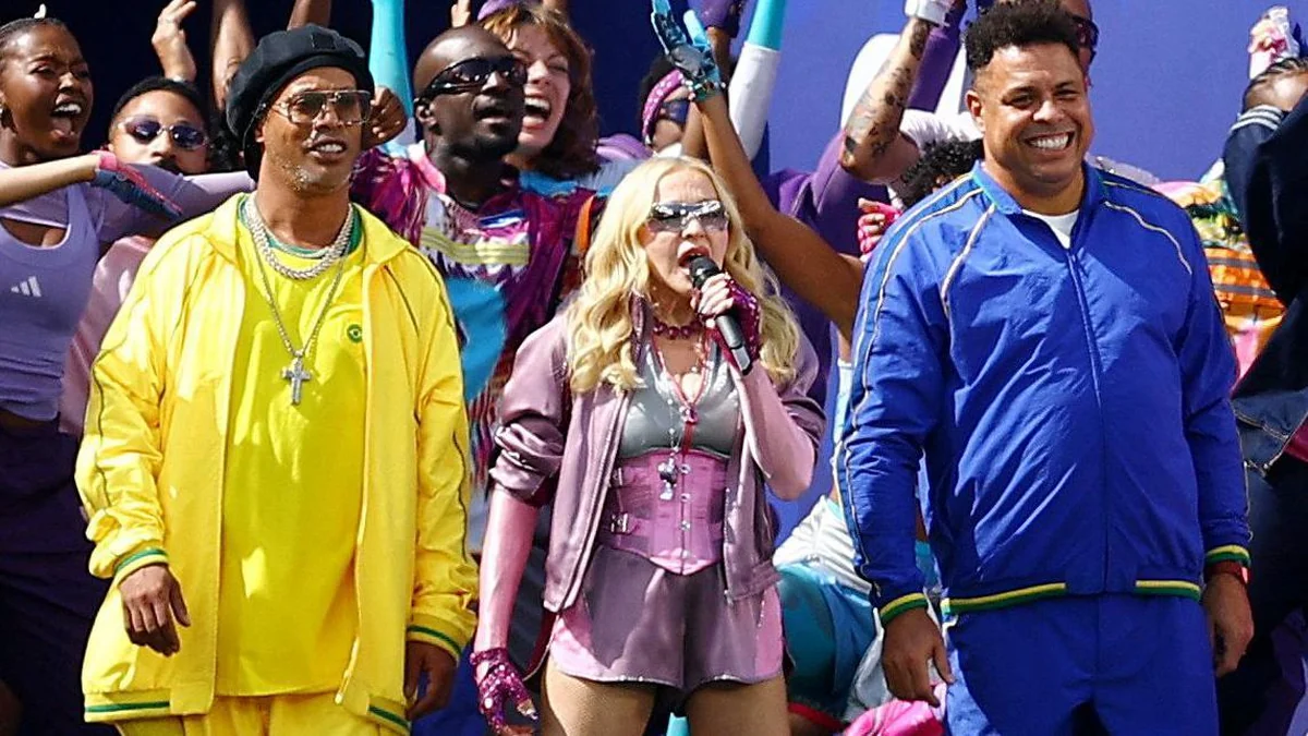 Madonna performs alongside Ronaldo and Ronaldinho at the 2026 World Cup final halftime show.