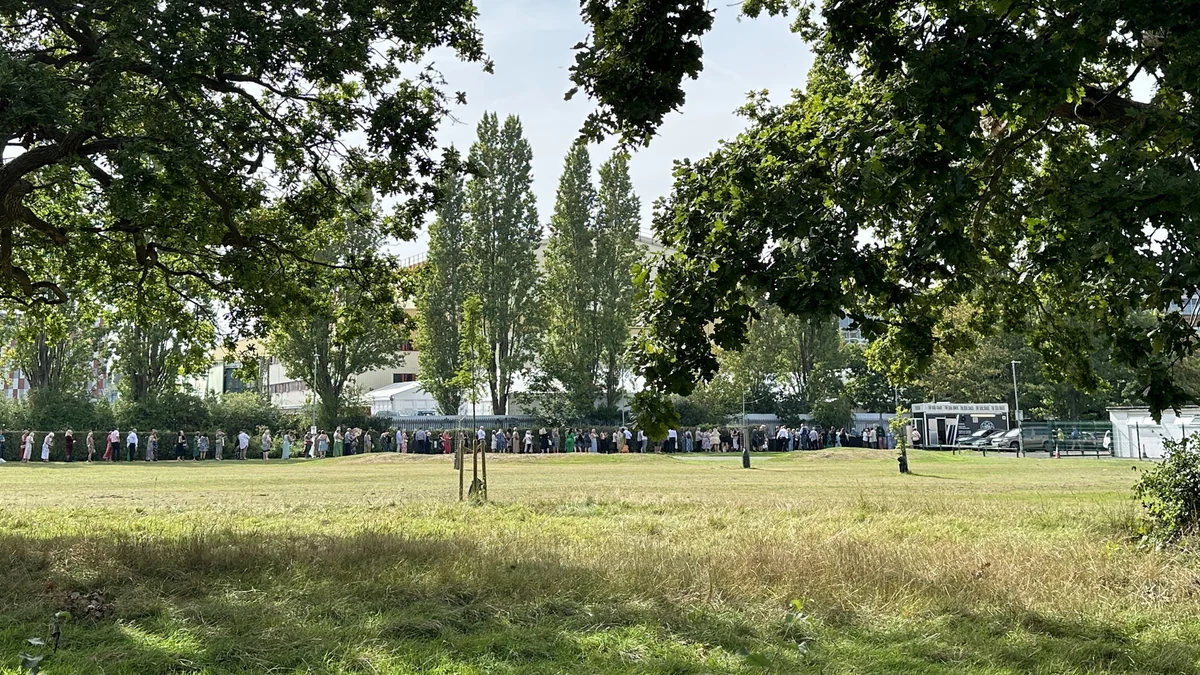 Long line of people beside a fence, seen across a tree-lined park