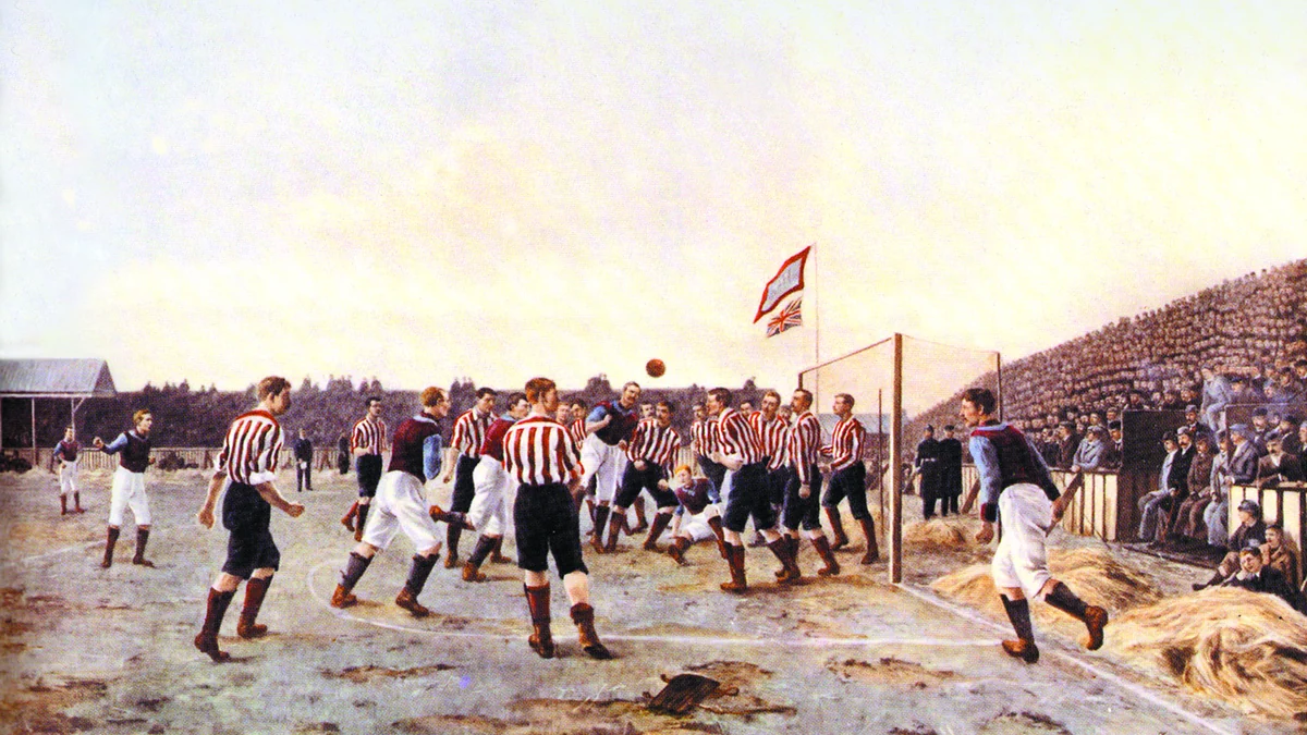 Pintura de un antiguo partido entre jugadores con camisetas a rayas y rivales de uniforme oscuro ante gradas llenas