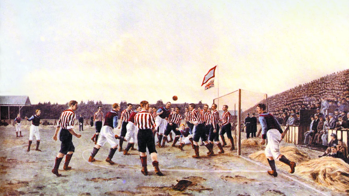 Pintura de uma partida antiga entre jogadores com camisas listradas e adversários de uniforme escuro diante de arquibancadas cheias